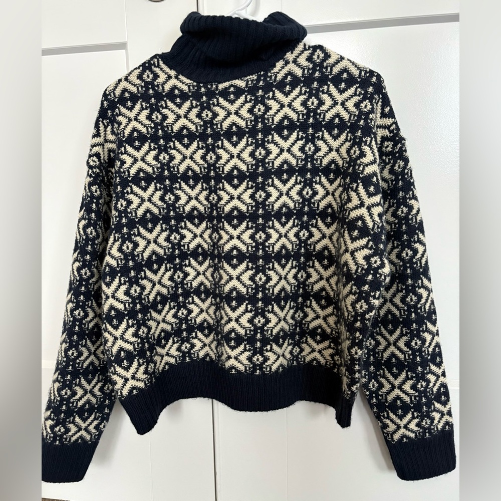 Zara Navy and Cream Geometric Turtleneck Sweater